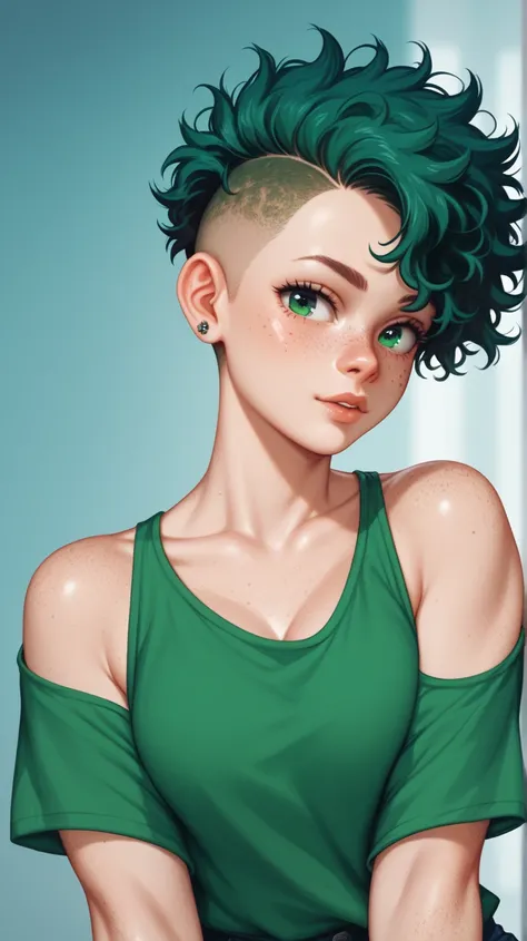 Izuku Midoriya, adult, green undercut curly hair, green eyes, freckles, masculine, farming