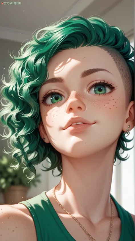 Izuku Midoriya, adult, green undercut curly hair, green eyes, freckles, masculine, farming