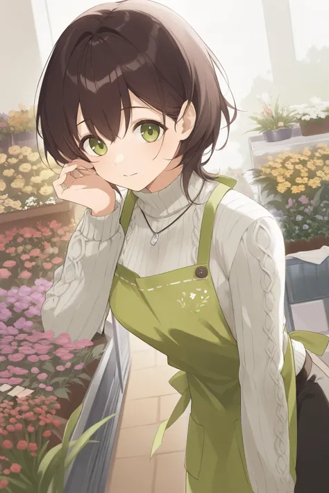 Woman in a Florist's Apron、 dark brown hair、Green Eyes、 long sleeve sweater