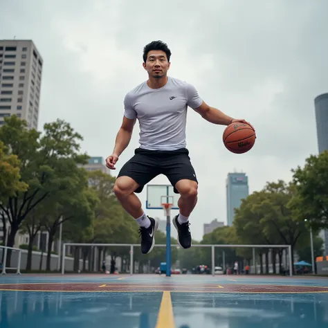 Liu floating in the air，Close-up ， looking at the camera. White man Noah Baker  ,  Black Hairstyle , Jumping Incredibly High ,  wearing casual sportswear — Nike white T-shirt ,  Black Shorts ,  and Basketball Jordan Shoes .  Scene Set on Rainy Day Outdoor ...