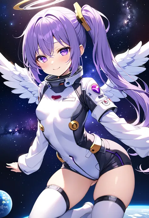   one girl、 Purple Hair、Purple Eyes、I'm in space、 small breasts、Side ponytail、 Angel Wings、 to have a bright smile 、Young appearance、Good physique 、  he's short、Seductive thighs 