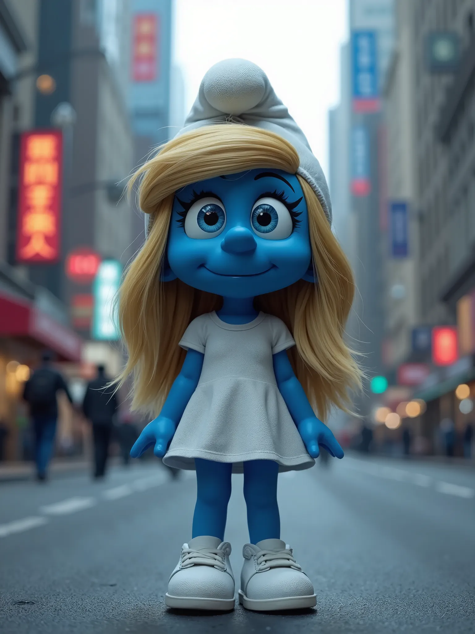 Photorealistic, smurf on the street like a real woman, high shape details, film style