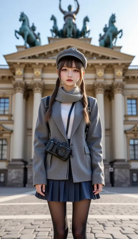 ultra-realistic, photorealistic, dramatic scene, shadow, global-illumination, solo, (age Japanese famous idol girl), very beautiful fragile Japanese girl, very beautiful with very cute but boyish cool face, (very large breasts), slim waist, (wearing a gray...