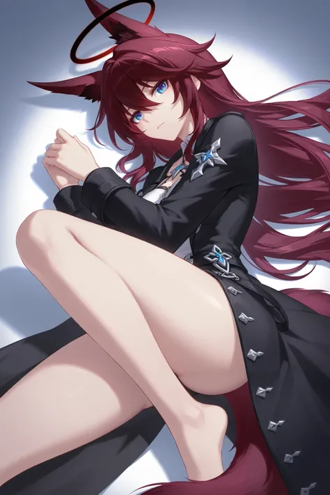  fox ears、dark red hair、 long hair、Fox Tail、midnight blue eyes、 best thighs、Honkai Impact 3、Feather、Halo、 beautiful skin、Clear shadows、front、 long coat、Footsteps