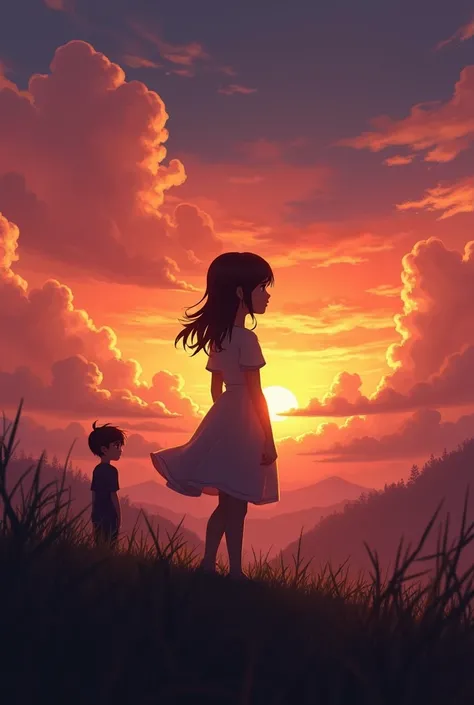 Girl looking at beautiful sunset behind her a boy looking at her but she don't know that he is at back 

