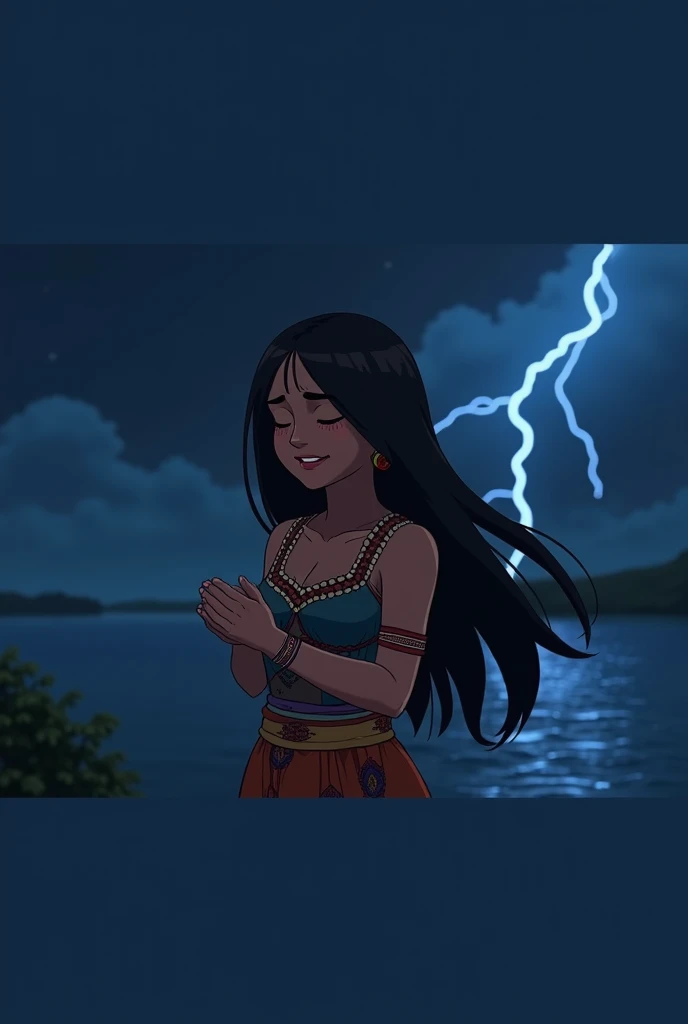  Creates an image of a young woman from the Wayuu tribe , approximately 20 years,  with an anime .  He closed his eyes and made a wish to the lake .  His dark, long hair flutters softly in the night breeze .  She is dressed in traditional Wayuu , with colo...