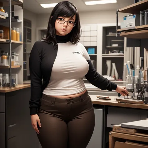 timid short petite cute chubby raven nyuugao Mexican nerdy emo teen, medium hair, cute detailed brown eyes, cutely detailed lips, cute highly detailed eyes and face, voluptuous breasts, thin thighs, chubby wide hips, long sleeve plain turtleneck polo tucke...