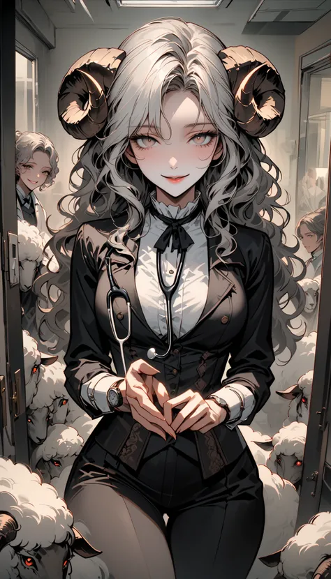 Alone, woman, adult, smile,  relaxed,  half-open（Hanbiraki ）Eyes, Gray Hair,   fluffy wavy hair ,   they are suffering  ,  close, [doctor,  giant sheep horns, angular corner , glass,  black slacks,  Watch Viewers,  hospital ,  relaxed smile, White,  stetho...