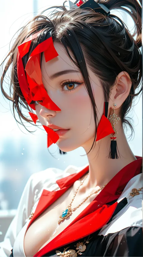  A stunning masterpiece ， showing Kanzaki Kaori ， with brown eyes 、 Black Ponytail ， Asymmetric garment ， with unique style and exquisite detail，High quality illustration ， drawn by top artists ， is popular on Artstation ，flawless