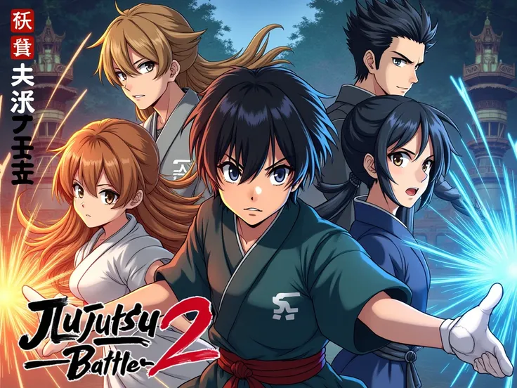 je veux creer une affiche d'anime qui dit 
serie televisée gratuite jujutsu battle 2 en lettre Japonais avec des personnage charismatique en Arrière-plan.
[date]
[DVD ]