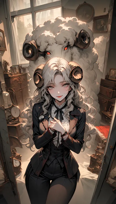 Alone, woman, adult, smile,  relaxed,  half-open（Hanbiraki ）Eyes, Gray Hair,   fluffy wavy hair ,   they are suffering  ,  close, [doctor,  giant sheep horns, angular corner , glass,  black slacks,  Watch Viewers,  hospital ,  relaxed smile, White,  stetho...