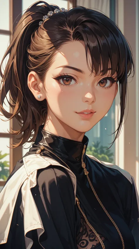  A stunning masterpiece ， showing Kanzaki Kaori ， with brown eyes 、 Black Ponytail ， Asymmetric garment ， with unique style and exquisite detail，High quality illustration ， drawn by top artists ， is popular on Artstation ，flawless