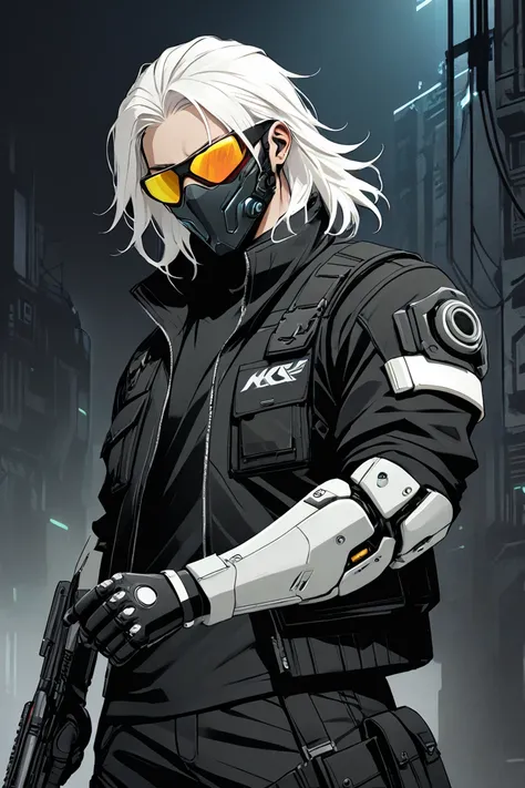 Man with full Mechanical left arm, open left arm showing mechanical arm, Black tactical jacket, gloved hands, masked face, Shades, white dyed hair, medium middle part down hair, dark cyberpunk backdrop, plain right arm band