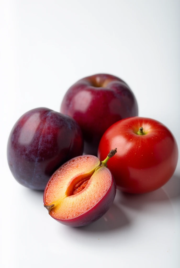 ripe plum, and plum in a cut.  tomato on the best quality white  