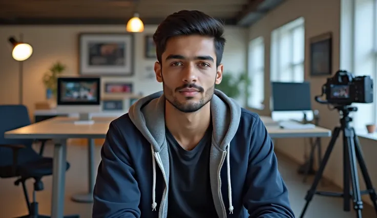 "An Indian young man with short hair on both sides, sitting on a chair in his modern YouTube studio. He is wearing a navy blue hoodie with a gray inner lining and a black t-shirt—casual yet stylish for a relaxed indoor setting.

He is facing forward with a...