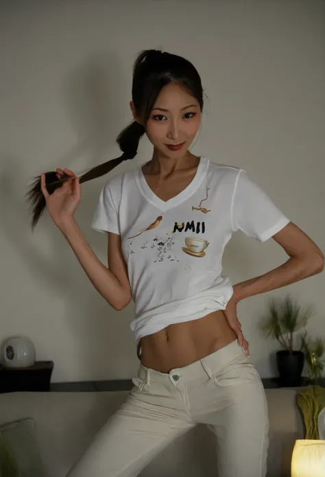  50 years old,  beautiful Japanese woman 、((( real 、 by Nomi、live-action))) , Skinny Body  、  ponytail hair、  white t-shirt 、Chino pants、 When I'm home at night   