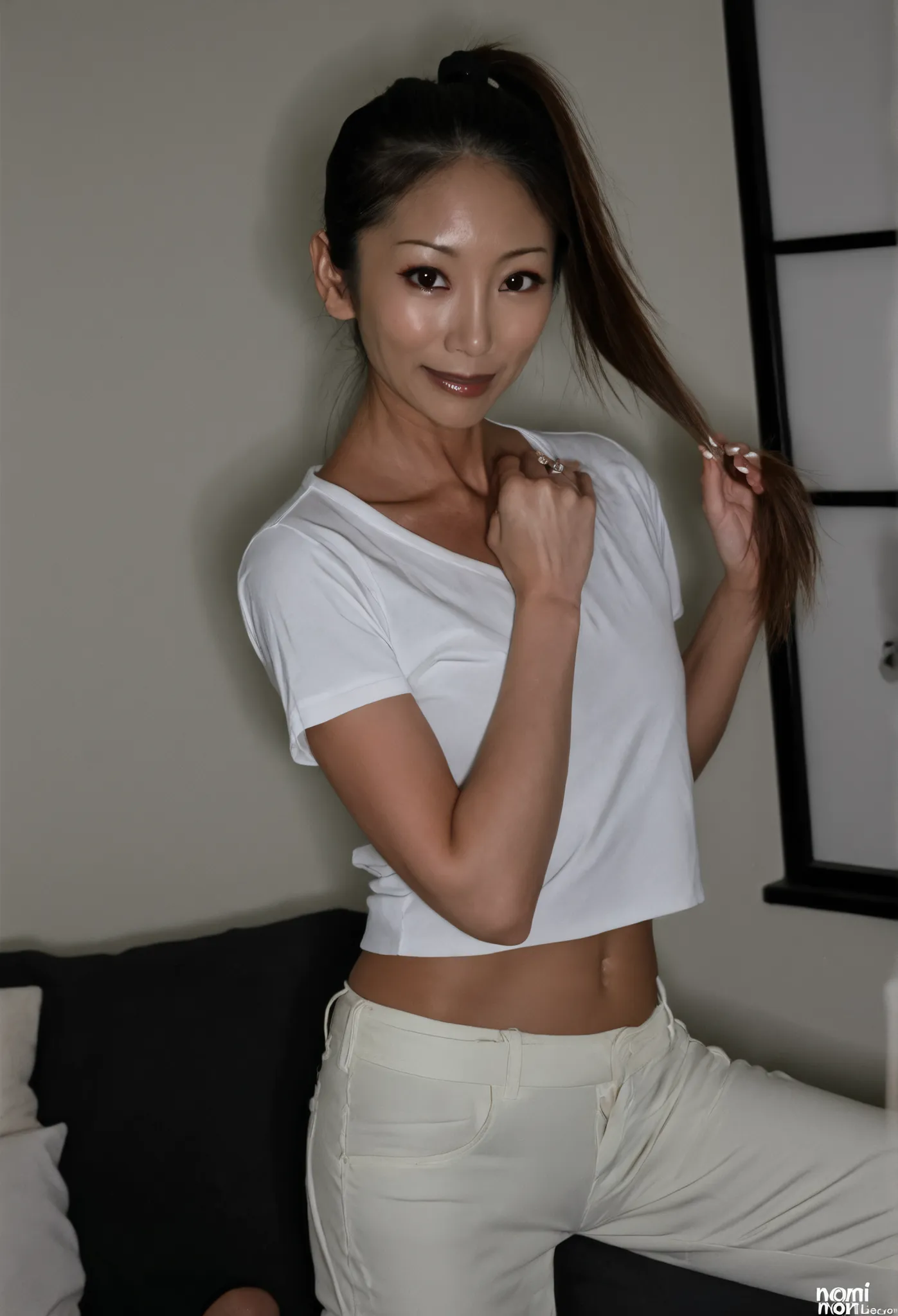  50 years old,  beautiful Japanese woman 、((( real 、 by Nomi、live-action))) , Skinny Body  、  ponytail hair、  white t-shirt 、Chino pants、 When I'm home at night   