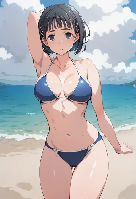 pt，suguha，anime pin-up art，solo，pt、 big breasts，Expressions that are not inappropriate， Feminine Body Line， ,sfw,sfw,sfw， Glossy Skin， Glossy Skin， Glossy Skin，Wave splash，Thighs， Cell Shade Anime Style,Active,sports，suguha、score_9, score_8_ up the side, s...