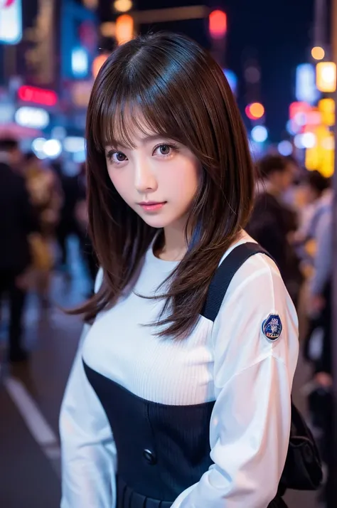  Tokyo tower 、night、Streetscape、night景、 skyscrapers、 full moon、 high quality,超 Hi-Res,、1 person,whole body、Shiny brown hair,(8k, 4K、最 high quality,  Hi-Res, 超 Hi-Res:1.1)、short bomb hair fair skin 、police officer、uniform、婦人police officer、Cool Look, staring...