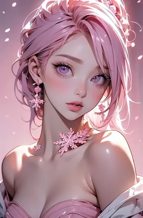   sexy、   beauty.  (( Stick your lips out)).Kissing face  、((   pink hair)). ((     Tiny Breasts )).   beauty、        yandere、   ((   pink eye)).      beautiful face、        Very Detailed  、((pink snowflakes)).