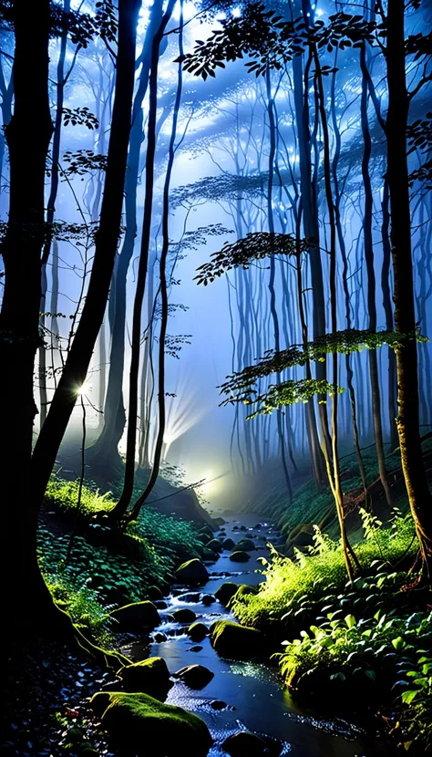 Night Forest、 Pale Light、Light Falls、 fantasy、fog、Mysterious Spirit 、Silence、Fantasy beauty、 contrast between light and shadow 