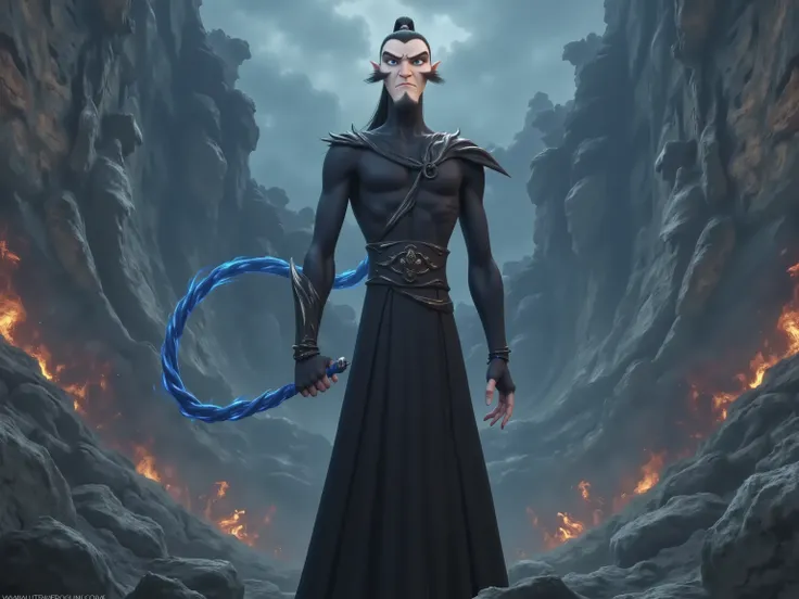 ( masterpiece, top quality:1.2), Game anime characters, alone,beard, Black Robe ,slim。Holding a blue whip in his hand。Kung Fu Action ,flame,cliff,Ominous clouds,Grand scene,Large game scene