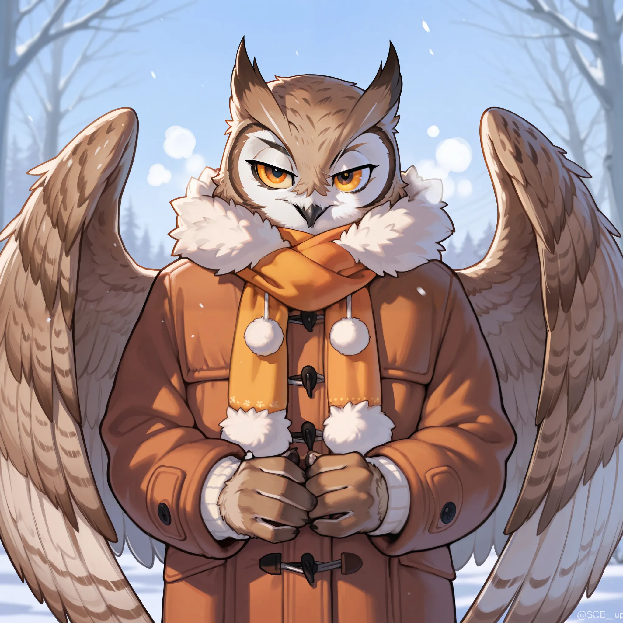 Owl furry, owl, feathers, wings, winter clothes, man, masculine, owl features, buff, solo, winter