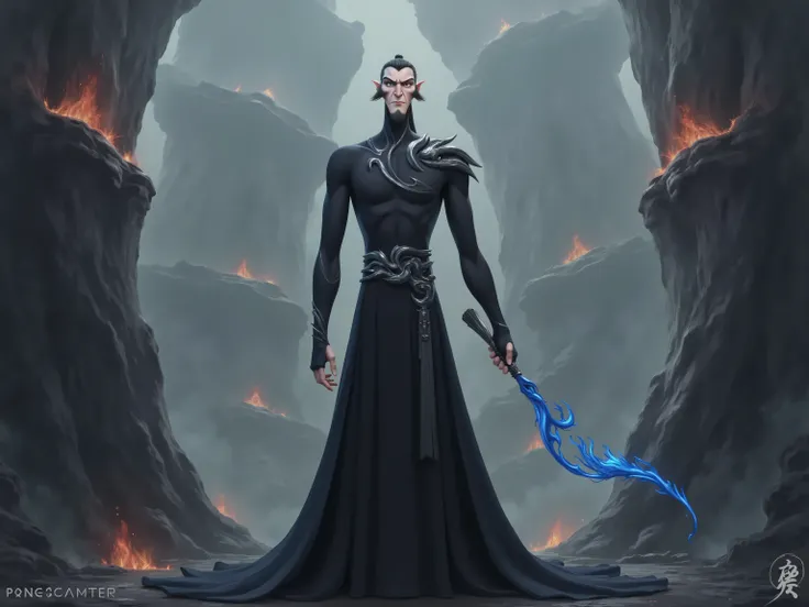 ( masterpiece, top quality:1.2), Game anime characters, alone,beard, Black Robe ,slim。Holding a blue whip in his hand。Kung Fu Action ,flame,cliff,Ominous clouds,Grand scene,Large game scene