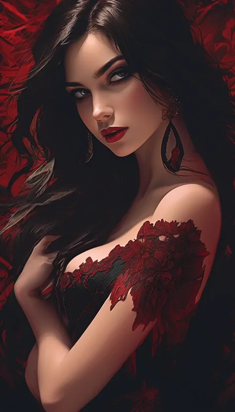 Vampires, (female: 0.8), canine, blood, bites around the neck, pale skin, intense eyes, seductive expression, (Gotejamento de Blood: 1.2), (Erotic atmosphere: 1.3), dark hair, long hair Hair flows, (((black lace dress: 1.2), (cut shoulders: 0.9), (red cors...