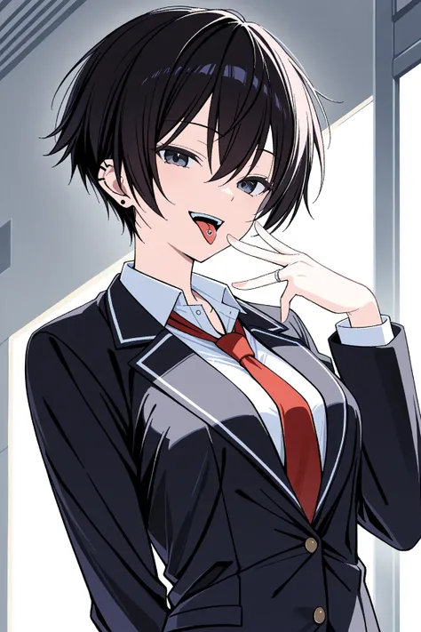 Upper body, 1girl, solo, smile, tomboy, black short hair, medium breasts, school uniform, ring, piercing tongue