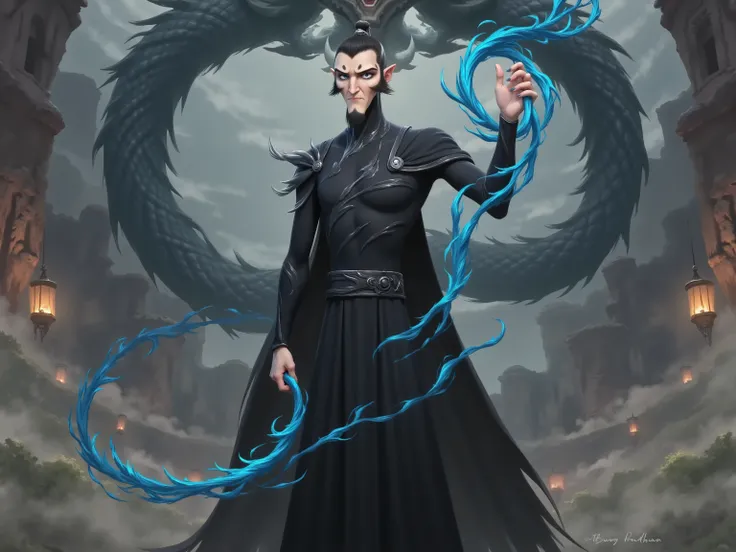 ( masterpiece,  top quality:1.2), Game anime characters,  alone，beard,  Black Robe ,slim。Holding a blue whip in his hand。Kung Fu Action ，flame，cliff，Ominous clouds，dragon，Grand scene，Large game scene
