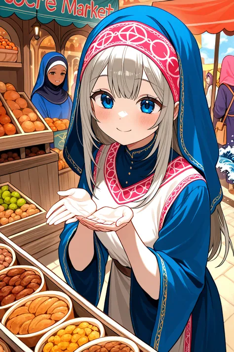 Girl merchant, Muslim appearance, beautiful headscarf, kind smile, waves her hand, with a medieval shopping market in the background