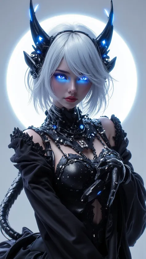  steampunk, 一位Beautiful lady , Beautiful lady ,  white hair,  Blue glowing horns and eyes ,  places glowing blue horns and eyes,  wearing a black gorgeous outfit ,  wearing a black robe ,  Simple Bright Background :1.2