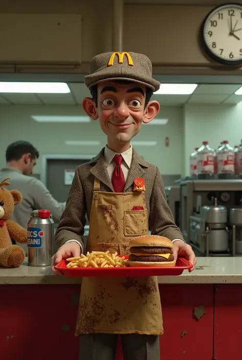 ### **Mr. Bean as a Depressed McDonald’s Worker – 3D Pixar-Style**  

*"A **3D Pixar-style** hyper-realistic image of **Mr. Bean**, now older and exhausted, working as a **McDonald's employee**, standing behind the **greasy, worn-out counter** of a run-dow...