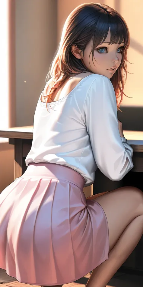 A beautiful young woman, by rubio, beautiful detailed blue eyes, short pink skirt, white blouse, thick curvy hips, leaning forward pose, naked, masturbating, squatting, showing her backside, leaning on a table, high quality, realistic, photorealistic, vivi...