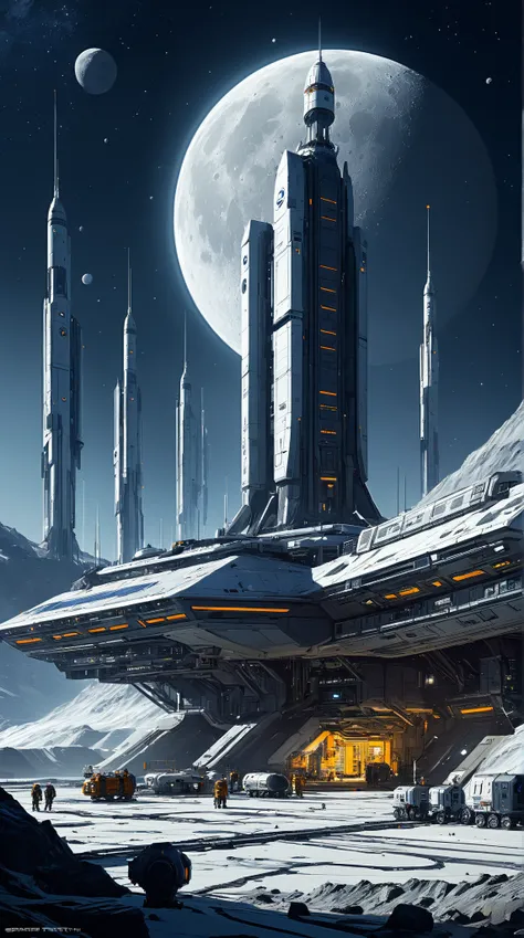 Moon Base, science fiction, by Sparth. best quality, masterpiece, intricate details, ultra-detailed, wide angle shot