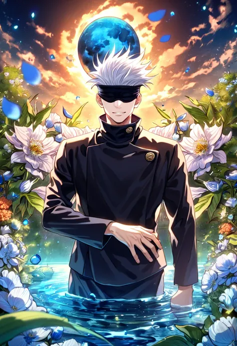 absurdres, highres, ultra detailed, HDR, master piece, Gojou Satoru, white hair, blindfolded eyes, black shirt, Jujutsu Kaisen, man, handsome, best quality, blue moon, flowers, fantasy, magical, solo, water, blue shining fireflies, blue petals, Jujutsu Kai...