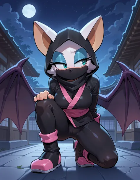 masterpiece, best quality, amazing quality, very aesthetic, absurdres, source furry, ((Rouge the bat)), ((short body)),front view, half closed eyes, cyan eyes, blue eye makeup, (focused expression), ninja cosplay, black ninja outfit, black ninja mask, cove...