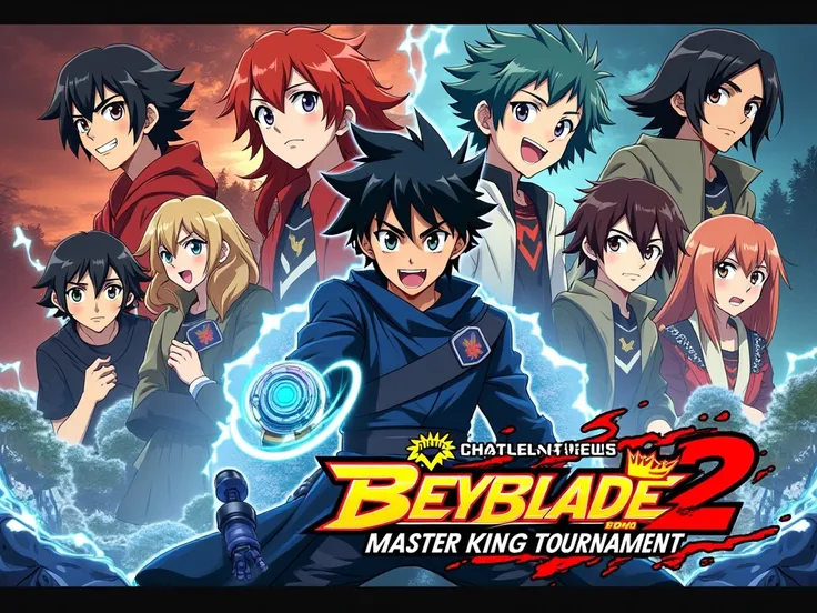 je vais creer une affiche d'anime 
qui dit série televisée gratuite beyblade master king tournament 2 en lettres japonais avec plusieurs personnage en Arrière-plan.
[DVD ]