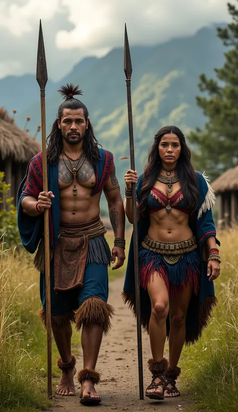 A handsome young Māori warrior and a beautiful, sexy, big boobs Māori maiden from 13th-century New Zealand walk forward with strength and pride, their expressions fierce yet charismatic. Both are 20 years old, with strong, well-defined features, deep brown...