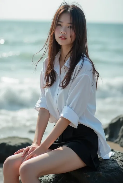   Pretty Thai girl 18 years old  .  white skin tone,  wet hair is beautiful brown straight hair .  Thai student uniform  ,  wear a very wet white shirt  .  ( bra)The shirt is not buttoned . ( OPEN BUTTON SHIRT),Wear a very short black skirt .  showing off ...