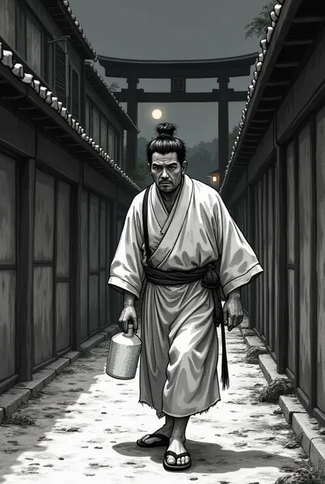 Historical drama, comic style, black and white, Rough brush strokes using Japanese ink and Japanese brushes, Realistic, Japan, mid-Edo period, late at night in the town with a hazy moon, in a corner of a back alley, in the distance, a stone nightlight can ...