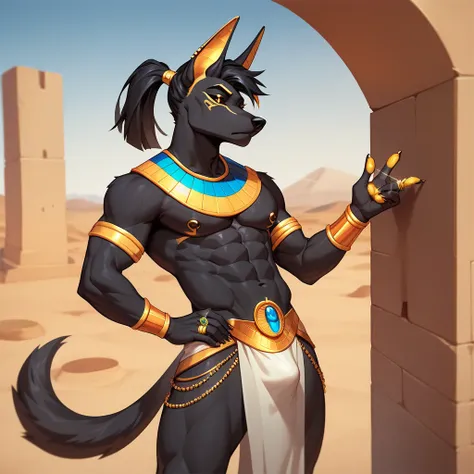 anthro, golden accessories, golden rings on fingers, black sclera, golden pupils, anubian jackal, black hair, canid, canine, canis male, black fur, furry, furry only, genitals, hair, ponytail hair style, tail, desert, egyptian clothes 