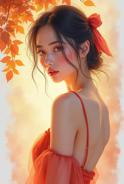 (8k, best quality, masterpiece:1.2),(best quality:1.0), (ultra highres:1.0), watercolor, a beautiful woman, shoulder, hair ribbons, waist, hips, by agnes cecile, half body portrait, extremely luminous bright design, pastel colors, (ink:1.3), autumn lights,