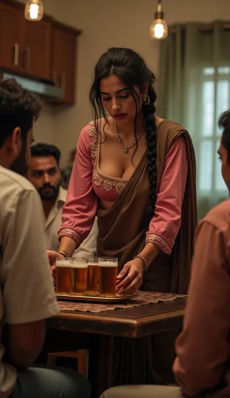 very tall hot healthy indian white curvy girl with long single plaited oiled hair, big breast, big hip, big ass, thick thighs, woman wearing wearing highly embroideried pink colour linen deep neck square cut blouse and brown colour linen saree, in apartmen...