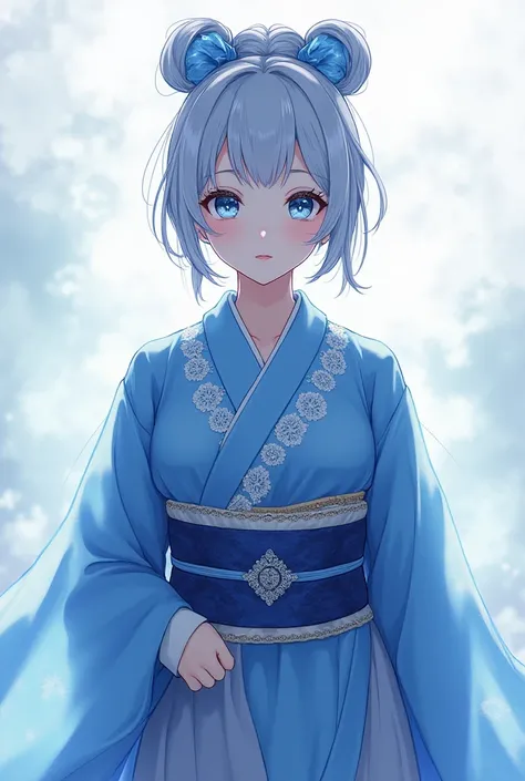 Standing picture facing the front
Anime-style standing picture of a woman whose whole body can be seen 
A gorgeous and luxurious blue kimono
Sheer lace embellishments
Short updo hairstyles
blue and silver gradient hair
