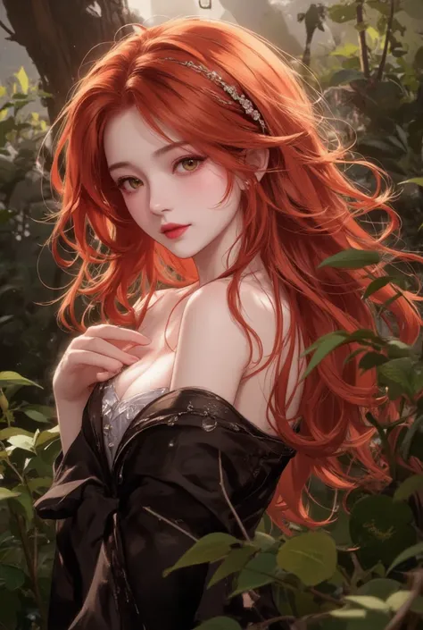  girl, long wavy fire red hair color, cherry red lips,  peach eyes , rosy skin, with a sexy and confident look, Look at nature