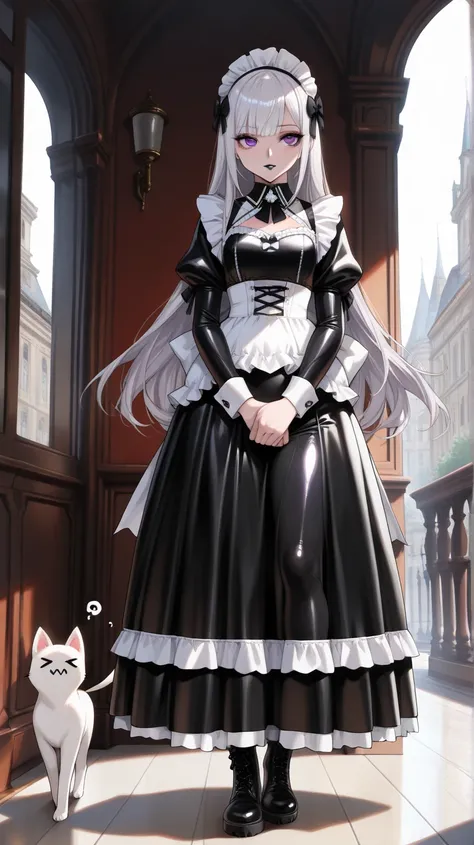   Young Beauty ,( black and white gothic maid outfit,  long skirt,   Corsets   ,  black tights, black boots),(  Silver Hair, Shoulder-length hair in images ,   purple eyes,  half-open{{x}}Eyes ,  unusual suspicious feelings:1.3,Black Lips:1.5, ,   shiny sk...