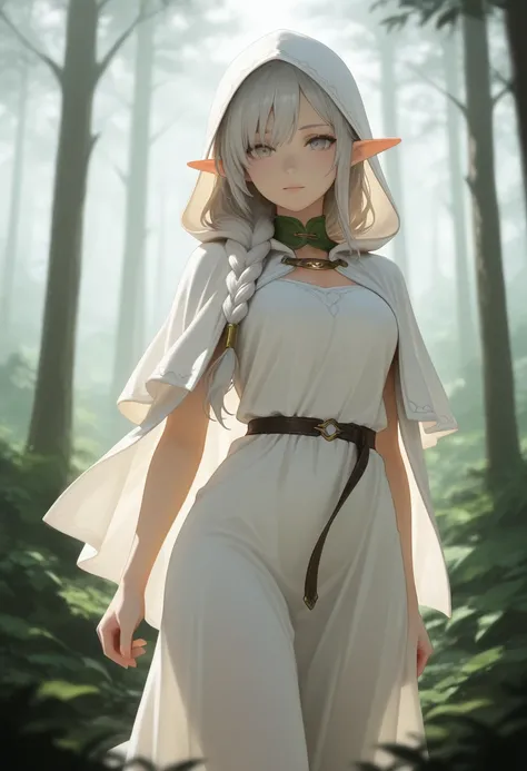 masterpiece, best quality, amazing quality, up the sideperbody shot, 1girl, Elf, Braided hair on one side, silver hair, silver eyes, white dress with hood, looking at viewer, forest background, depth of field, Diffuse Light,  dramatic atmosphere, subsurfac...