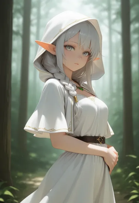 masterpiece, best quality, amazing quality, up the sideperbody shot, 1girl, Elf, Braided hair on one side, silver hair, silver eyes, white dress with hood, looking at viewer, forest background, depth of field, Diffuse Light,  dramatic atmosphere, subsurfac...